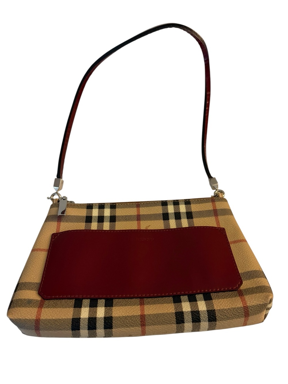 Beige Plaid Shoulder Bag with Red Leather Pocket